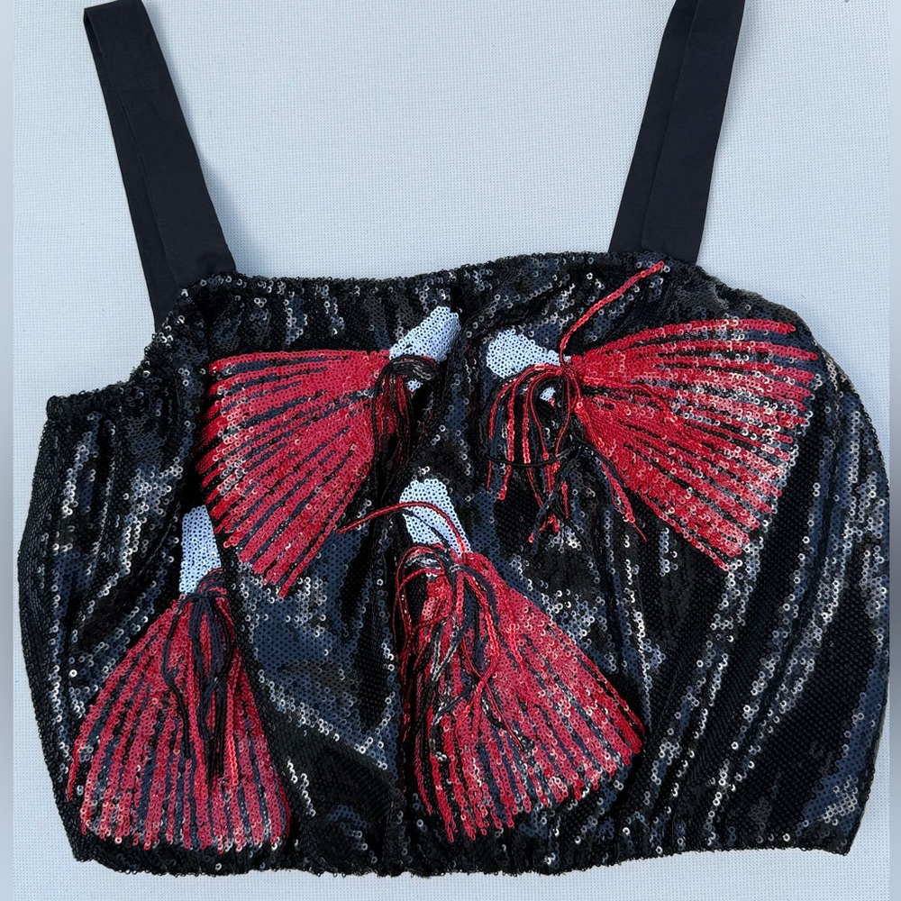QUEEN OF SPARKLES Black and Red Sequin Crop Top - Size S - Picture 11 of 16